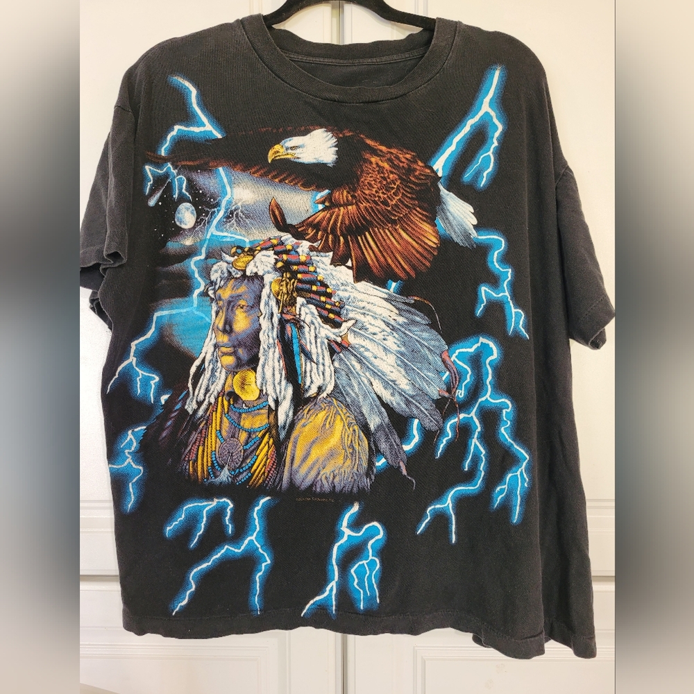 Vintage American Thunder Tee, Eagle and Native American Design, Single Stitch